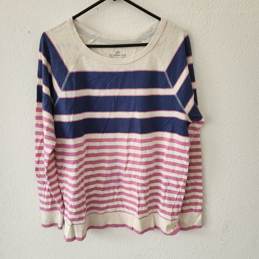 Southern Tide Shirt Womens Small Striped Long Sleeve Shirt Pink Blue Pullover